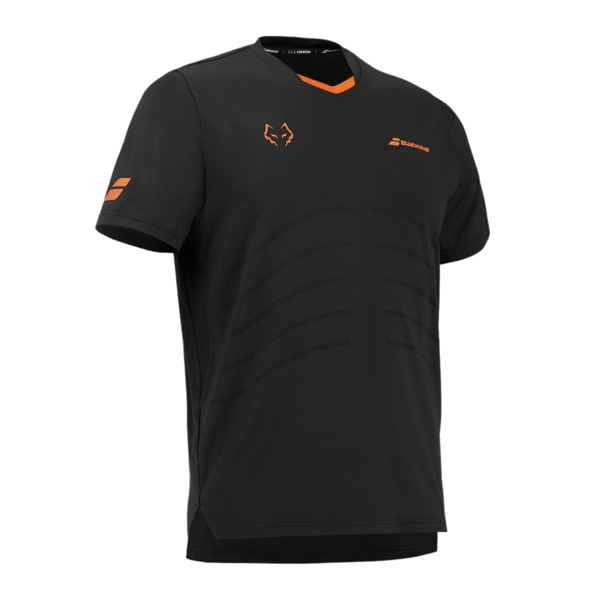 Schuin zijaanzicht van het zwarte Babolat Replica T-shirt met logo