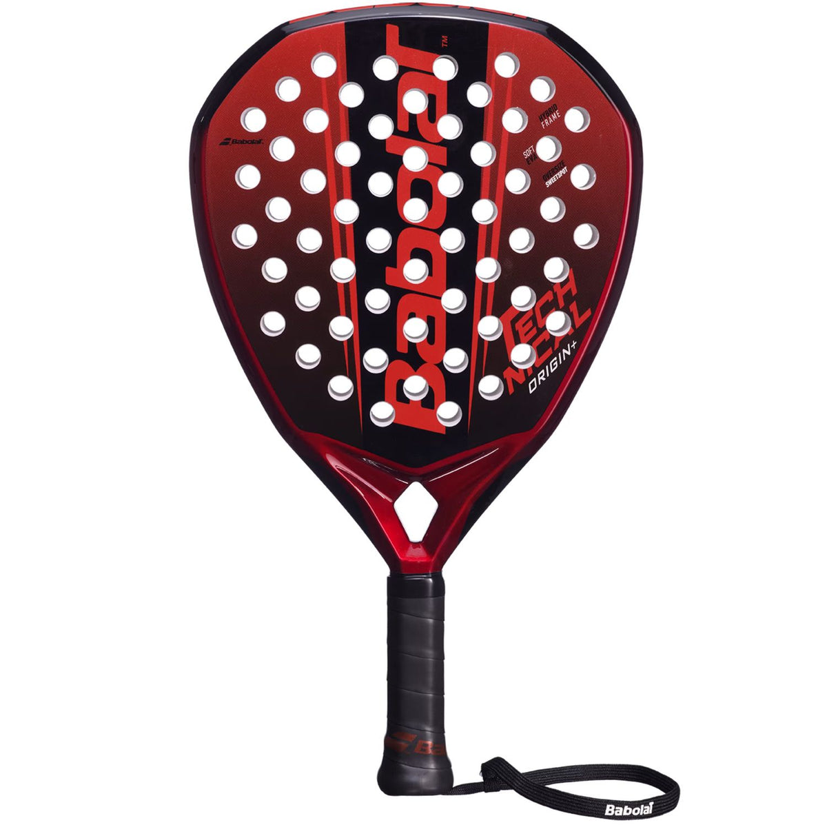 Babolat Technical Origin+ padelracket in rood met zwart, vooraanzicht met polsband
