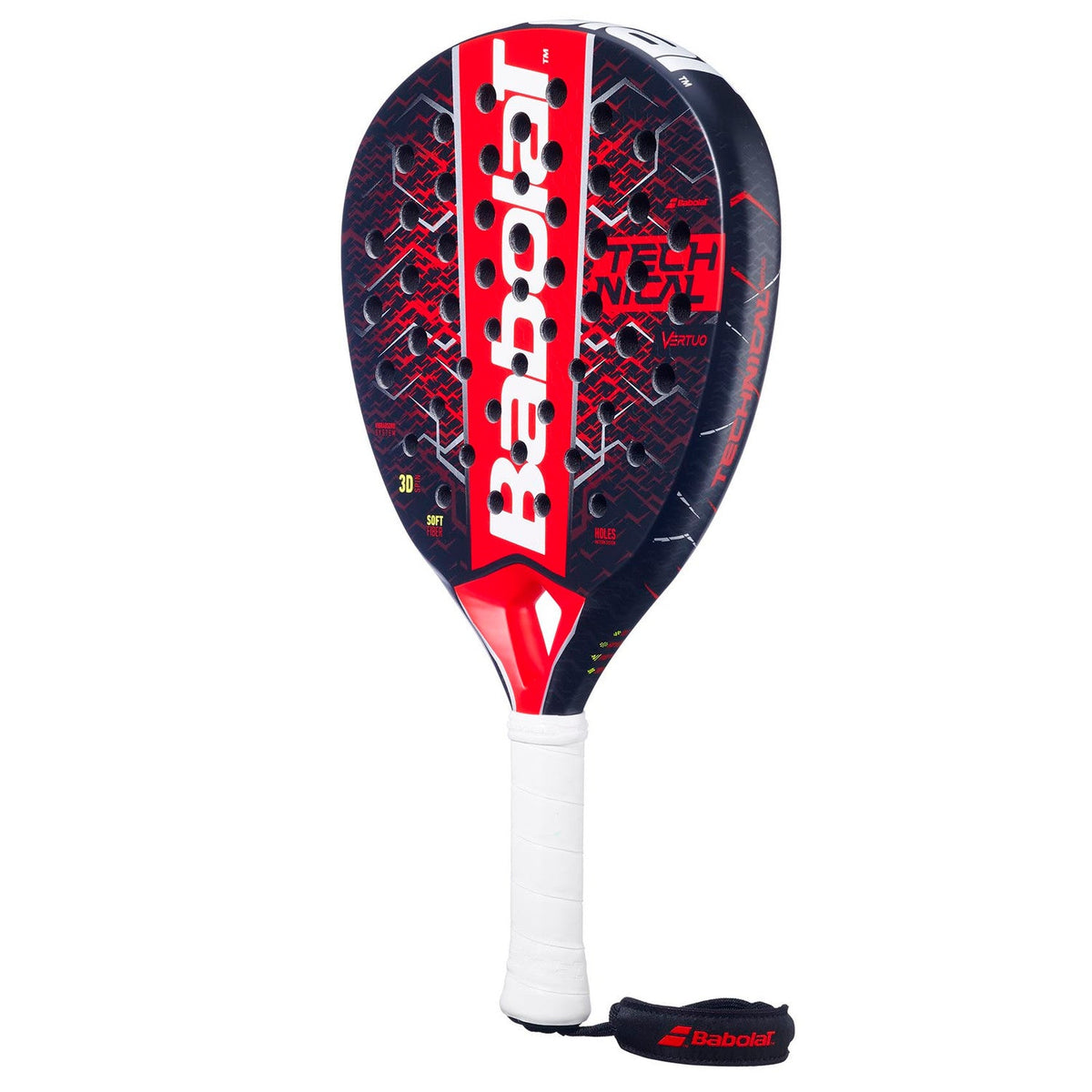 Babolat Technical Vertuo 25 padelracket schuin vooraanzicht, diamantvorm in zwart en rood