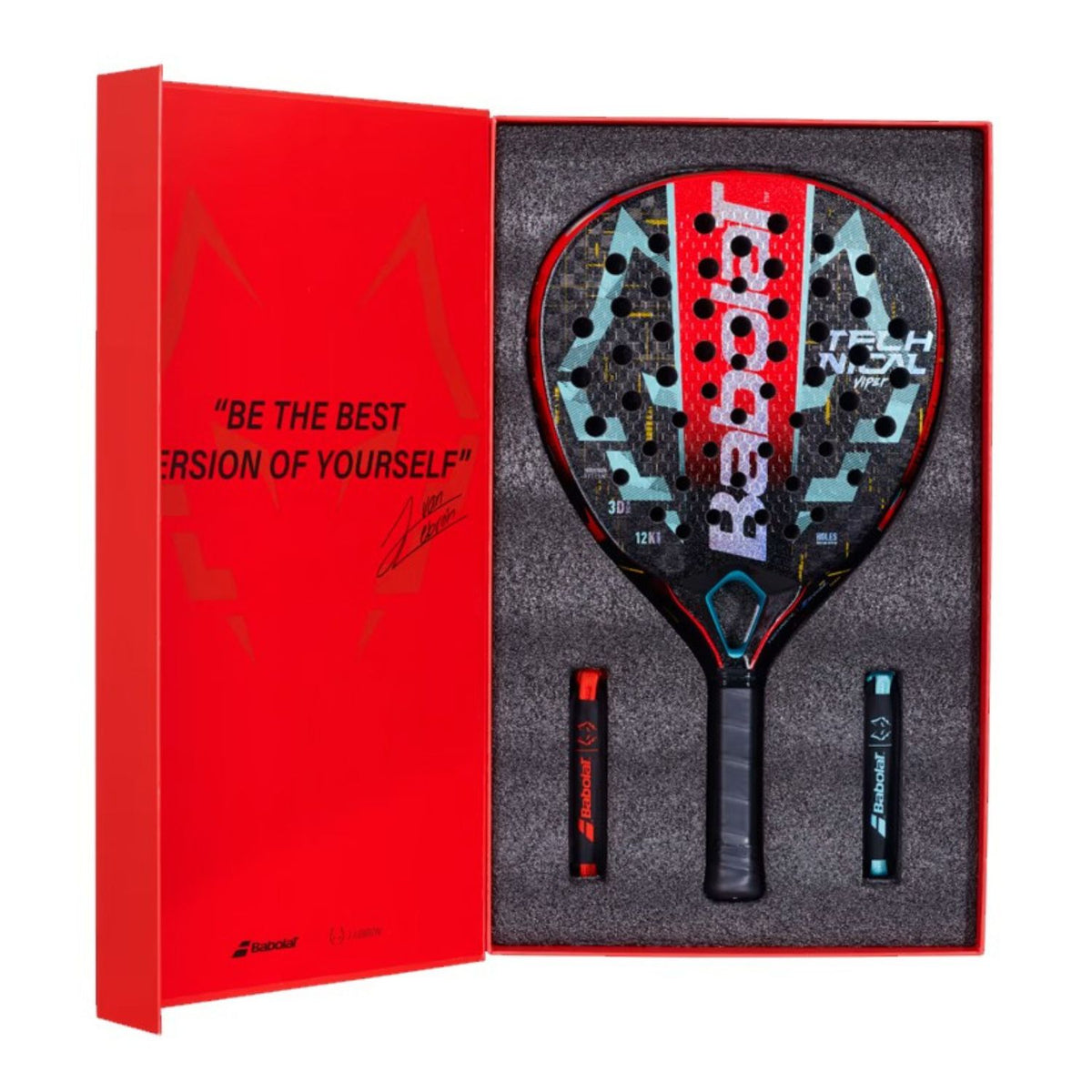 Geopende geschenkdoos met het Babolat Technical Viper Juan Lebron 23 padelracket