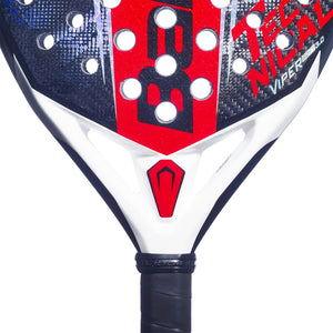 Detail van het hart van het Babolat Technical Viper Soft 3.0 met witte brug en rood hart