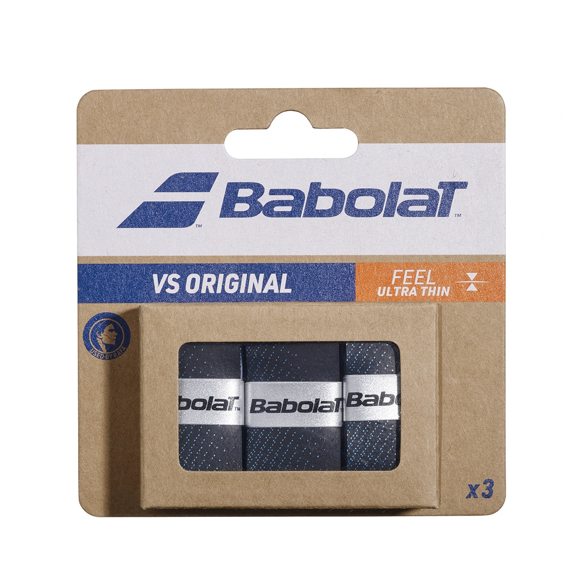 Babolat VS Original overgrips Black/Blue, verpakking met drie zwart-blauwe overgrips