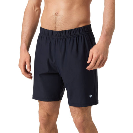 Vooraanzicht van de donkerblauwe Bjorn Borg Ace short met klein rond logo op de linkerpijp