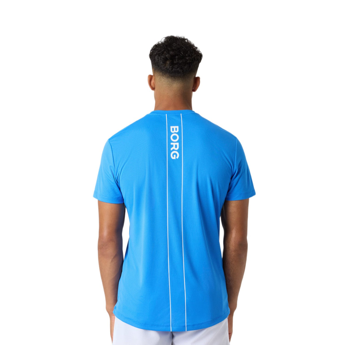 Achterzijde van het blauwe Bjorn Borg Ace Light T-shirt met BORG-print