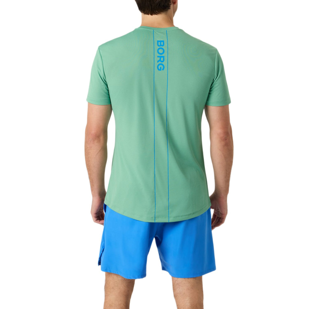 Achterzijde van het mintgroene Bjorn Borg Ace Light T-shirt met blauwe short