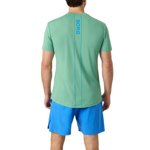 Achterzijde van het mintgroene Bjorn Borg Ace Light T-shirt met blauwe short