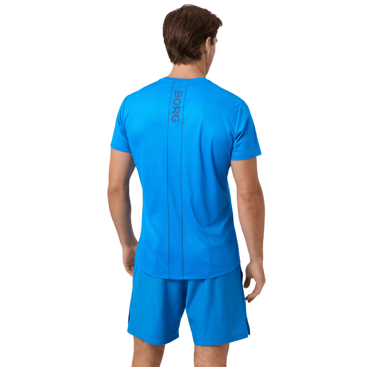 Achterzijde van het helderblauwe Ace Light T-shirt met BORG-print
