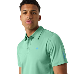 Detail van de kraag en knoopsluiting van de mintgroene Ace Mesh Panel polo