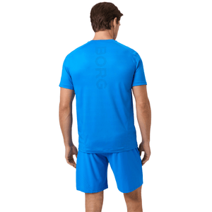 Achterzijde van het helderblauwe Ace Mesh Panel T-shirt met logoprint op de rug