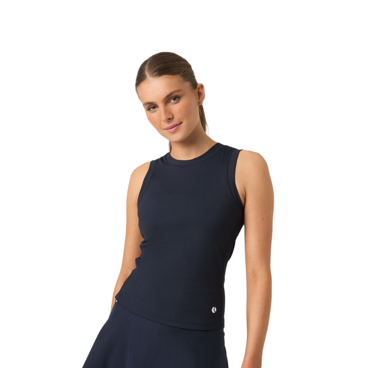 Vooraanzicht van de donkerblauwe Bjorn Borg Ace tanktop op model