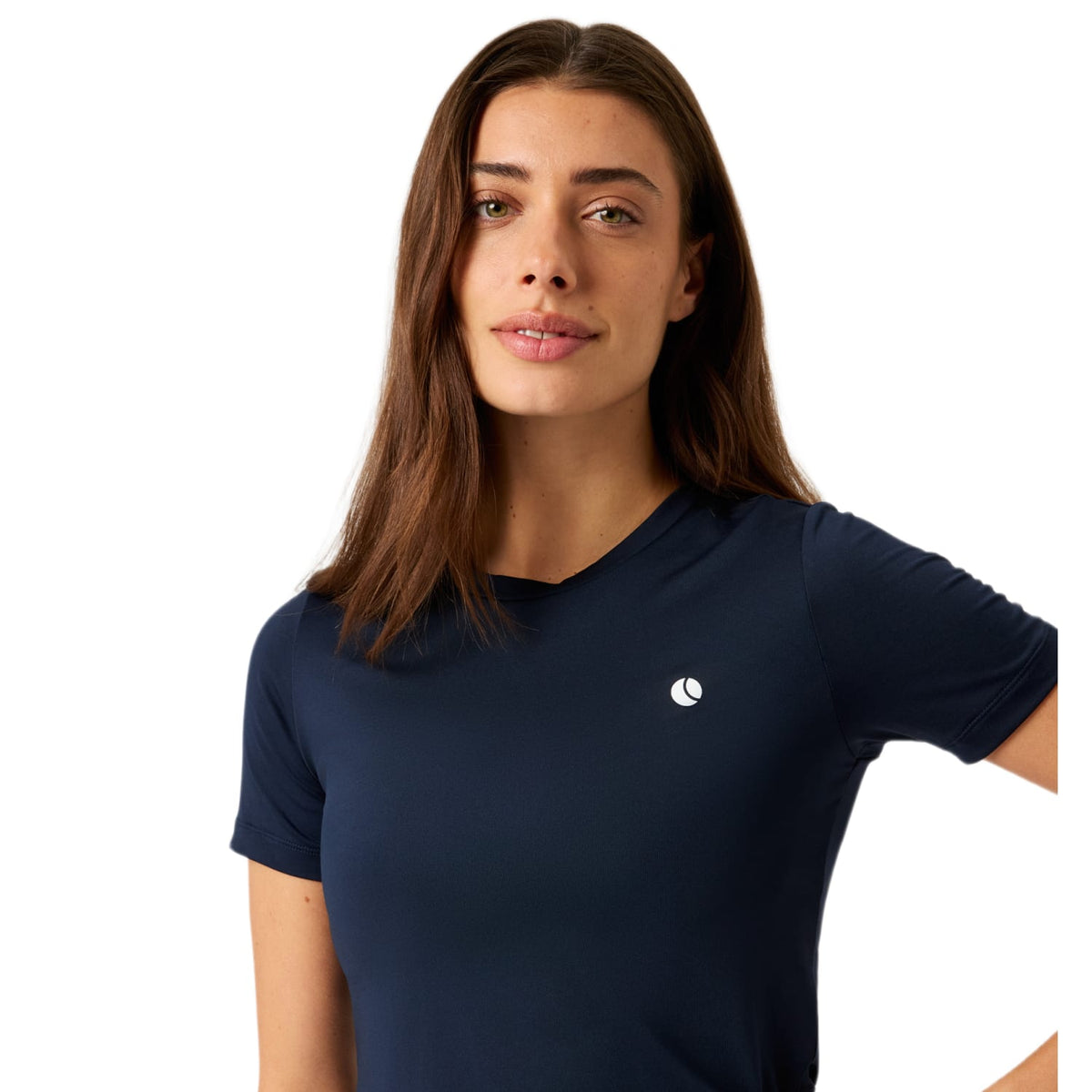 Detail van het borstlogo op het donkerblauwe Bjorn Borg Ace Slim T-shirt