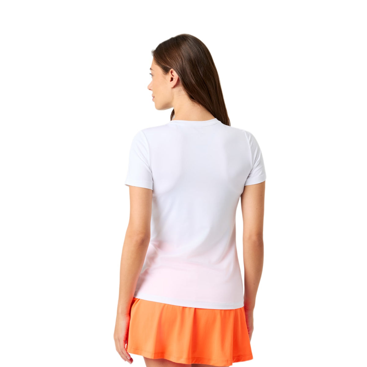 Achterzijde van het witte Bjorn Borg Ace Slim T-shirt met oranje tennisrok