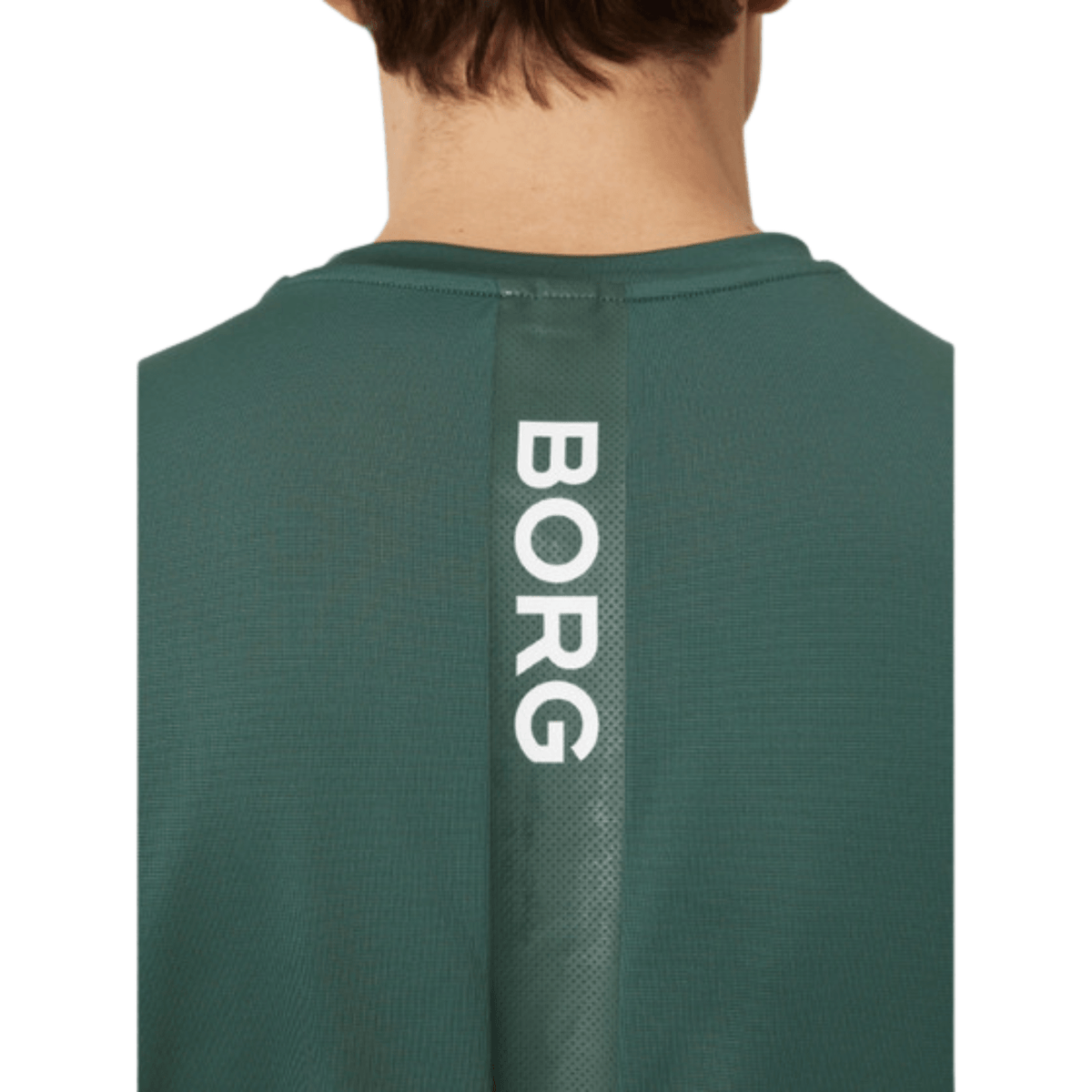 Detail van de rug van het donkergroene Bjorn Borg Ace T-shirt met witte BORG-letters