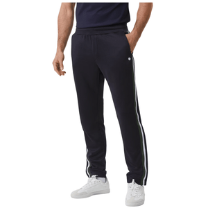 Vooraanzicht van de donkerblauwe Bjorn Borg Ace tapered broek met witte zijstreep