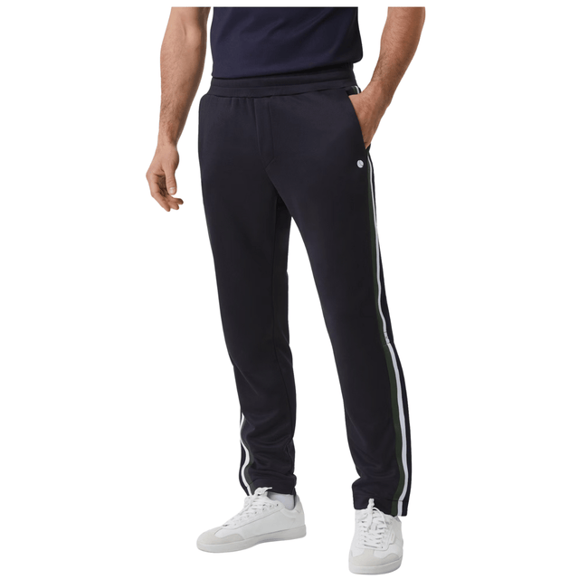 Vooraanzicht van de donkerblauwe Bjorn Borg Ace tapered broek met witte zijstreep