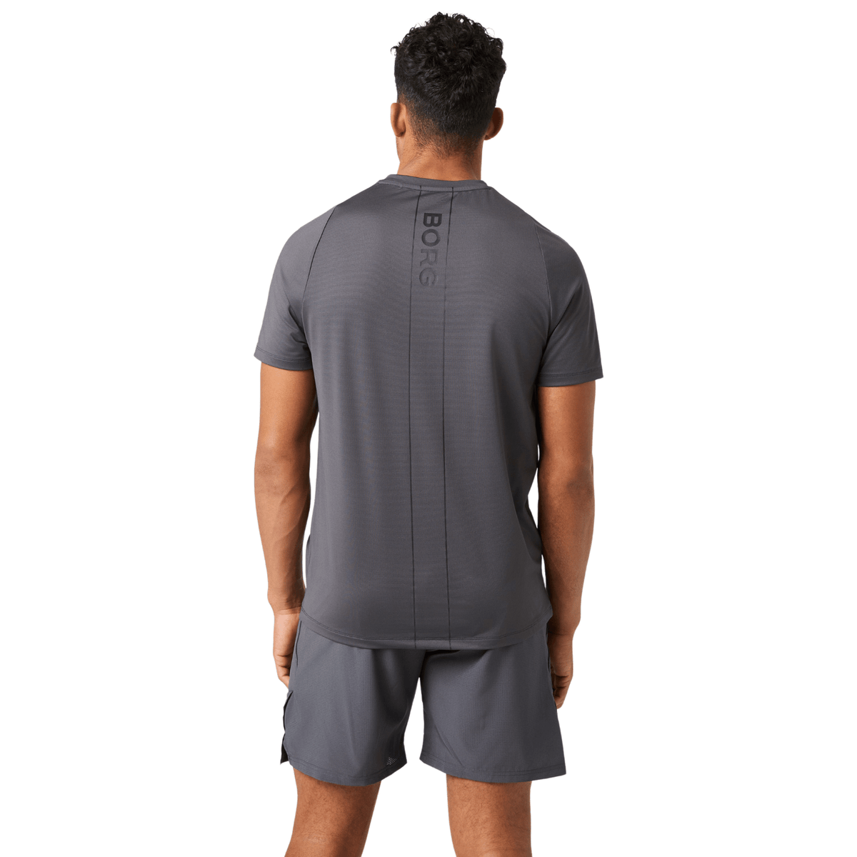 Achterzijde van het donkergrijze Bjorn Borg Ace V-hals T-shirt, gedragen