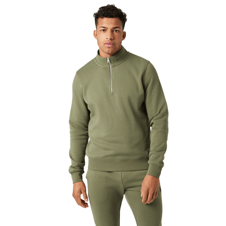 Vooraanzicht van de olijfgroene Bjorn Borg Centre Half Zip met korte rits en staande kraag
