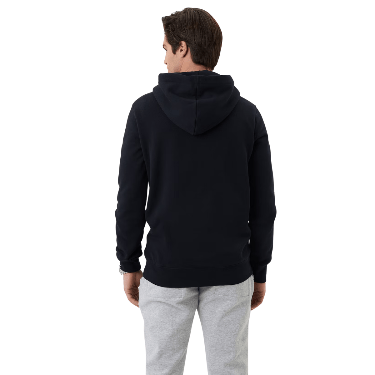 Achteraanzicht van de zwarte Bjorn Borg Centre Hoodie met capuchon en grijze broek