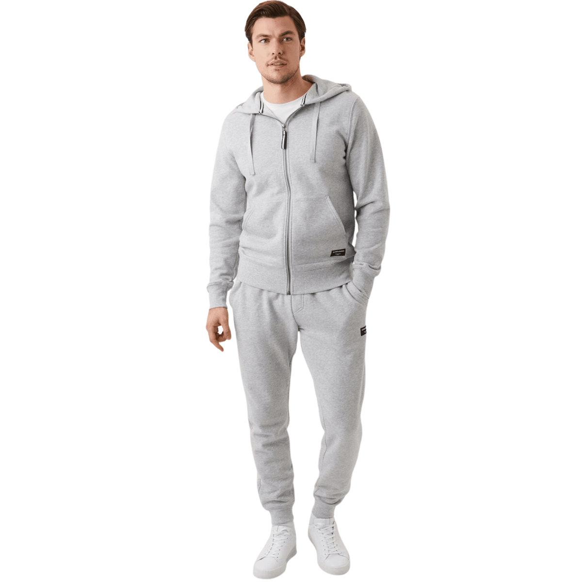 Volledig aanzicht van model in het grijze Bjorn Borg Centre Zip Hoodie trainingspak