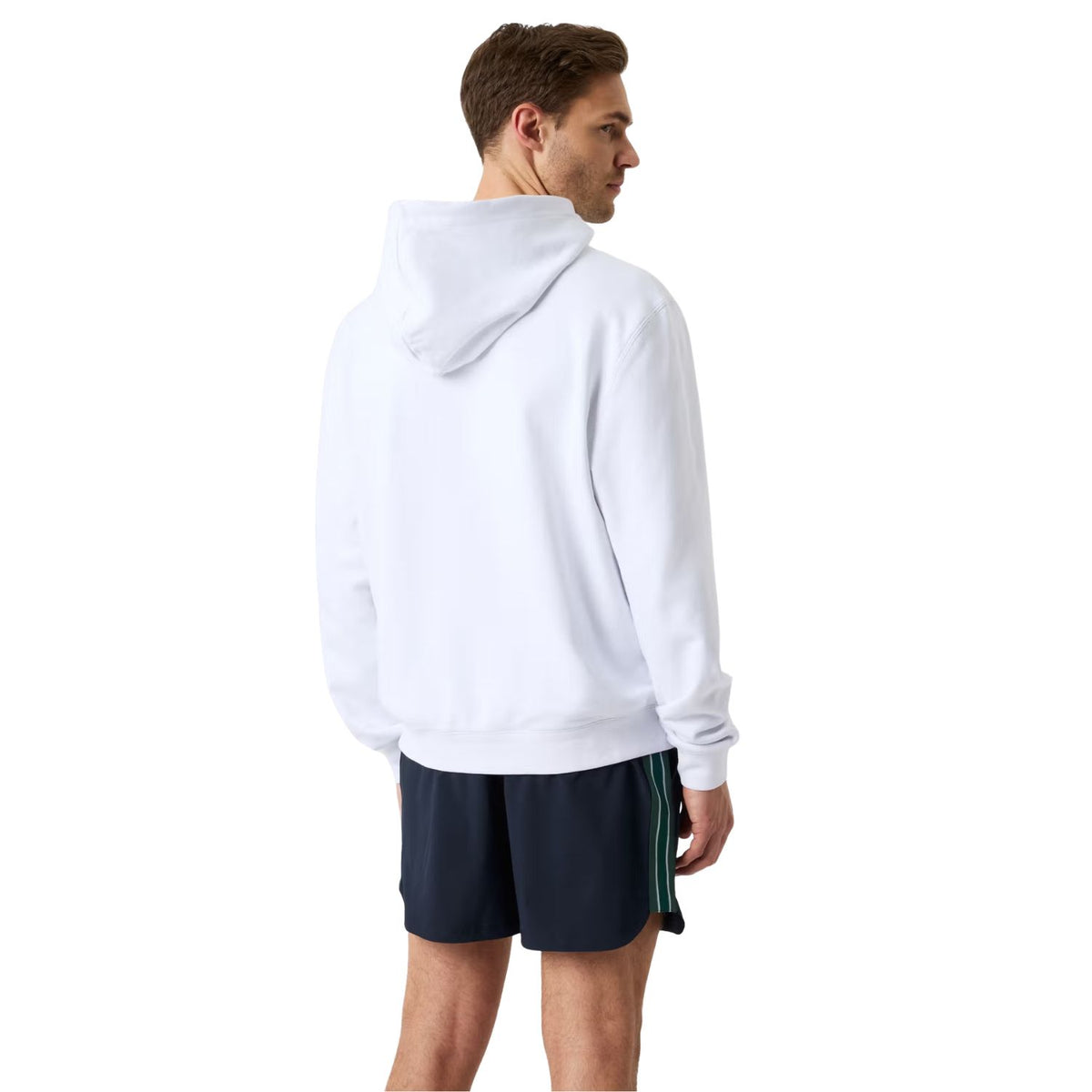Achteraanzicht van de witte Bjorn Borg Classic Print Hoodie met capuchon en donkere short