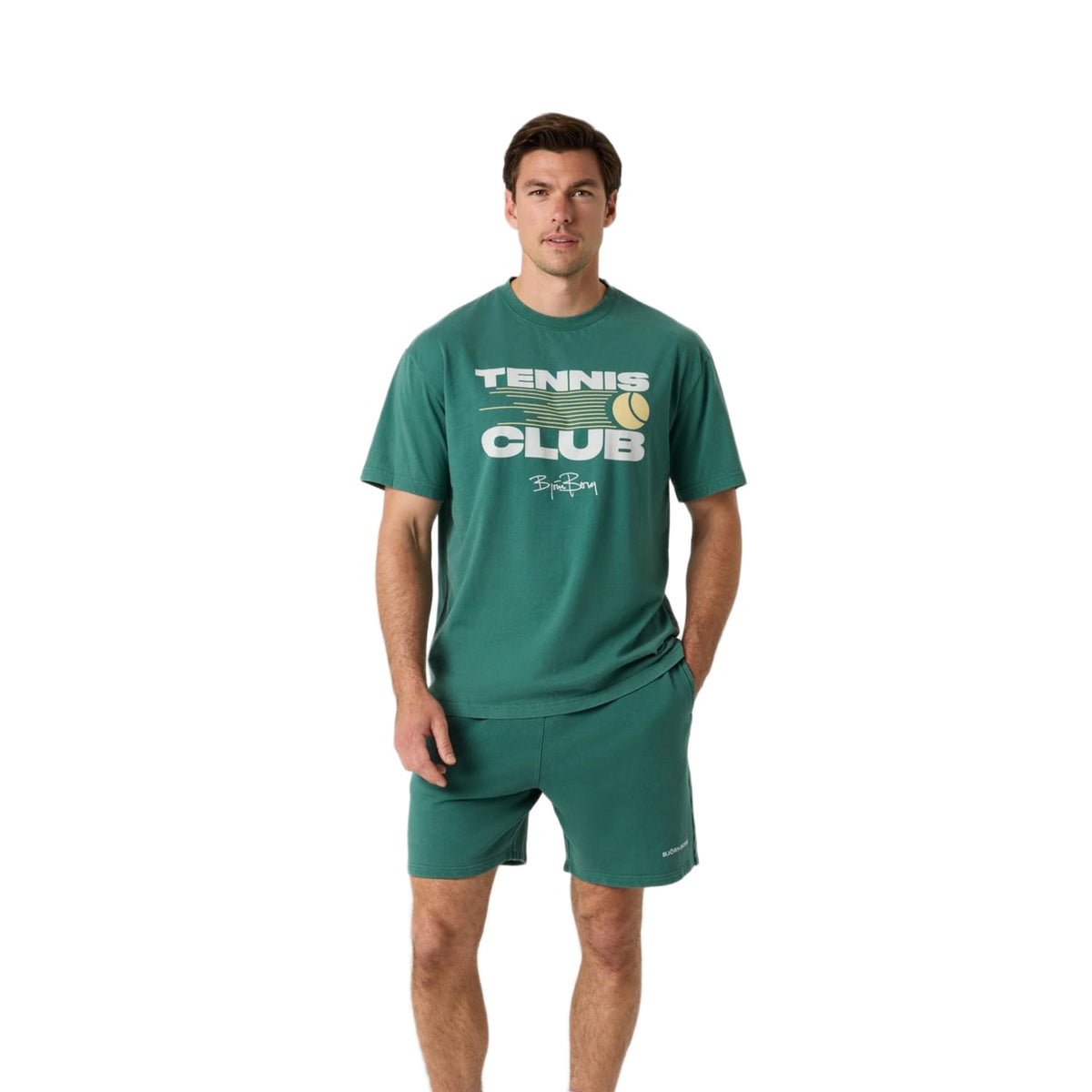 Volledig aanzicht van het donkergroene Bjorn Borg T-shirt met bijpassende groene short