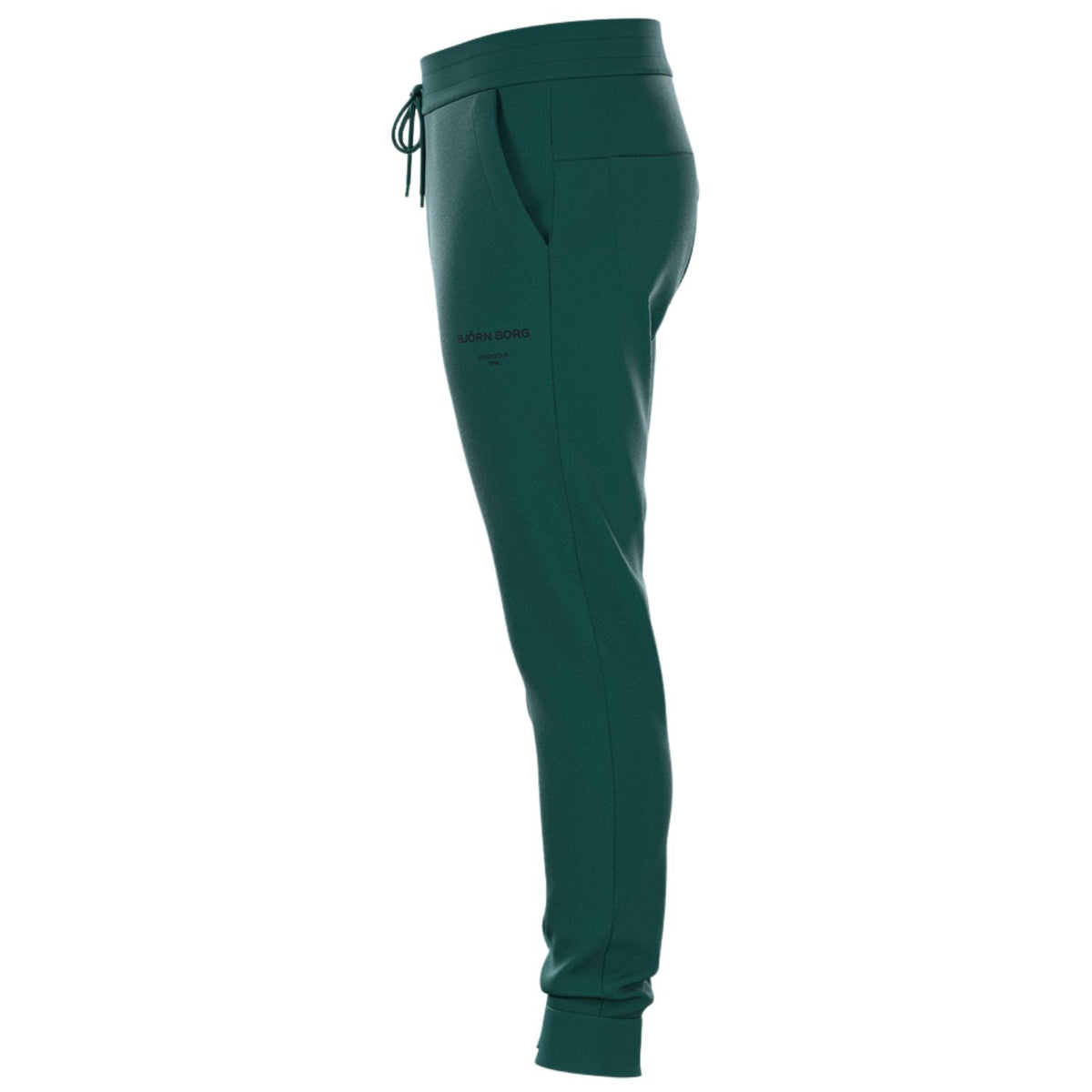 Zijaanzicht van de donkergroene Bjorn Borg Essential 1 Pants met steekzak in de zijnaad