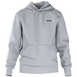Vooraanzicht van de lichtgrijze Bjorn Borg Essential 4 Hoodie met kangoeroezak en logo