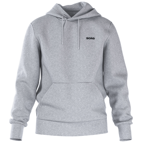 Vooraanzicht van de lichtgrijze Bjorn Borg Essential 4 Hoodie met kangoeroezak en logo