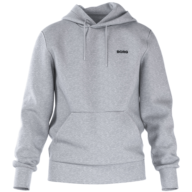 Vooraanzicht van de lichtgrijze Bjorn Borg Essential 4 Hoodie met kangoeroezak en logo