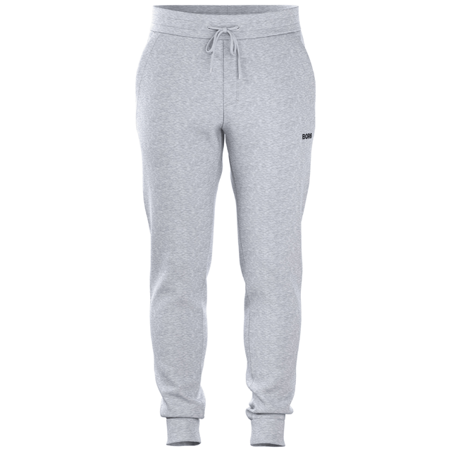 Vooraanzicht van de lichtgrijze Bjorn Borg Essential 4 Sweatpants met label op de pijp