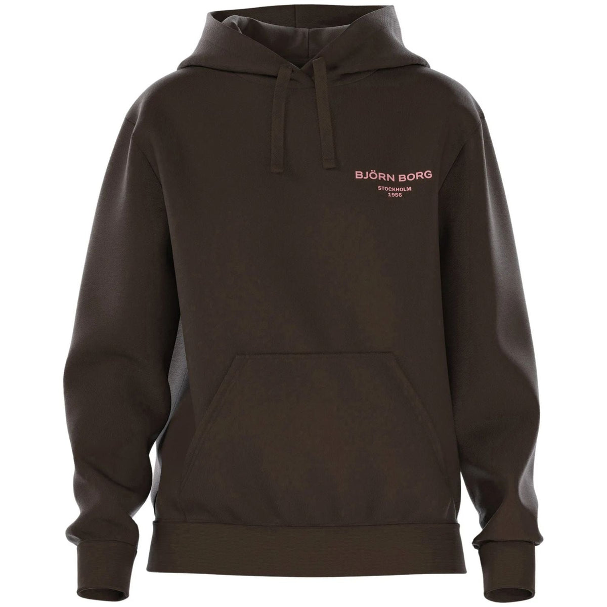 Bjorn Borg Essential 1 hoodie voor dames in donkerbruin, vooraanzicht met roze logo