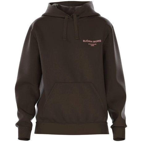 Bjorn Borg Essential 1 hoodie voor dames in donkerbruin, vooraanzicht met roze logo
