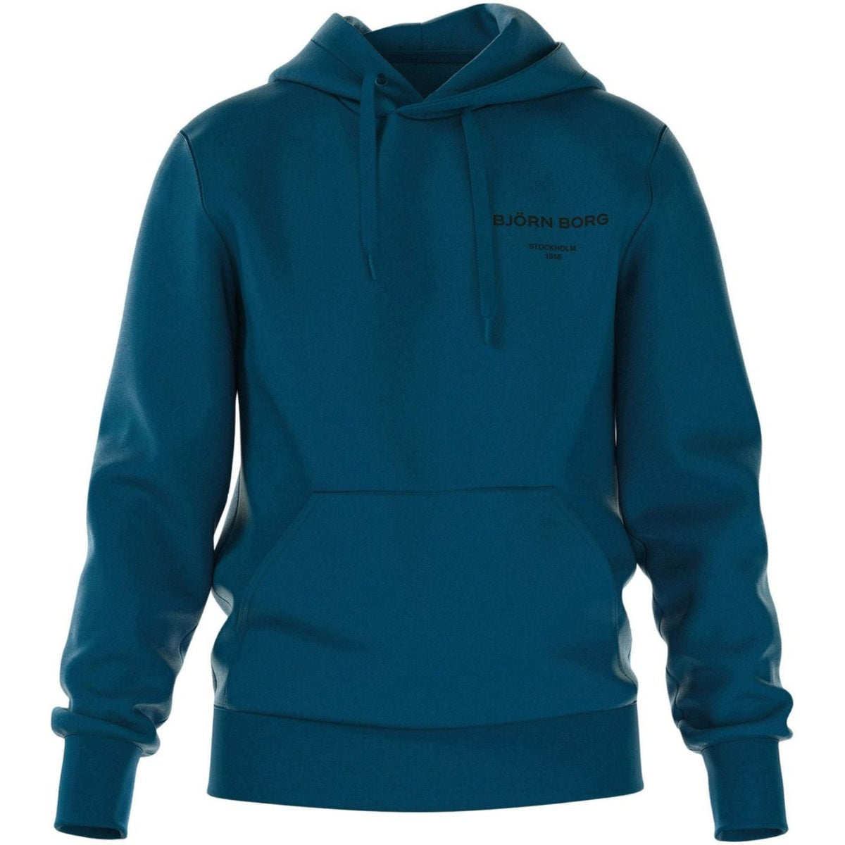 Vooraanzicht van de petrolblauwe Bjorn Borg Essential 1 Hoodie met kangoeroezak
