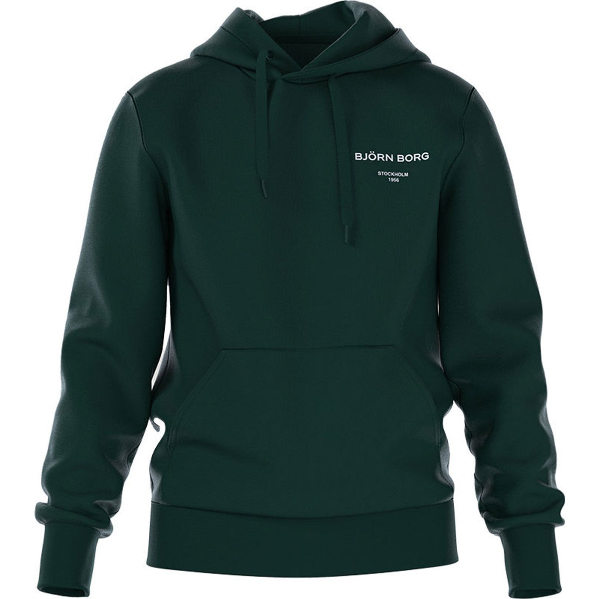 Vooraanzicht van de donkergroene Bjorn Borg Essential 1 Hoodie met klein borstlogo