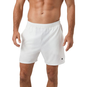 Vooraanzicht van de witte Bjorn Borg Short Ace Racquet sportshort gedragen door een model