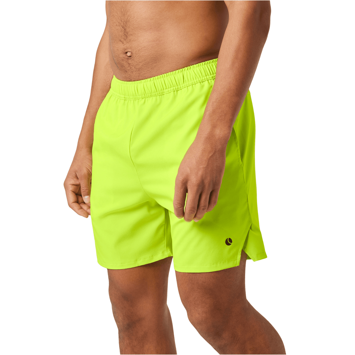 Vooraanzicht van de neongele Bjorn Borg Short Ace Racquet met klein logo op de linkerpijp