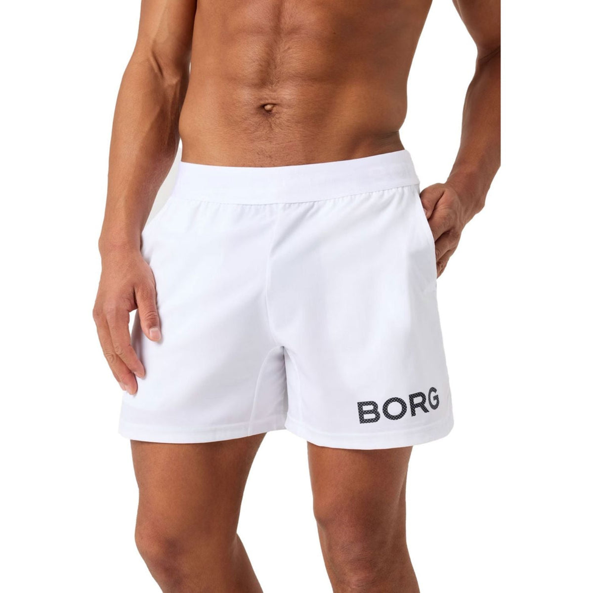 Bjorn Borg Short Shorts voor heren in wit, gedragen vooraanzicht met BORG-print