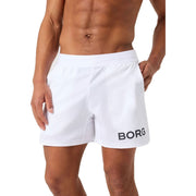 Pantaloncini corti Bjorn Borg da uomo in bianco, vista frontale indossati con stampa BORG