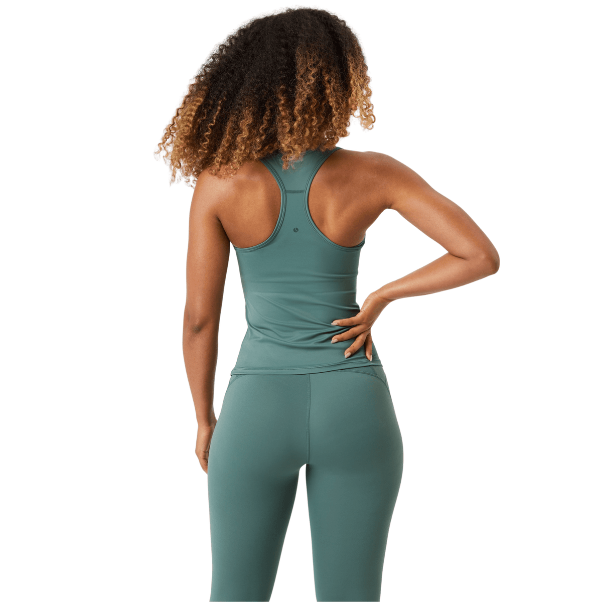 Rugzijde van de zeegroene Bjorn Borg Soft Raceback tanktop, model met hand in de zij