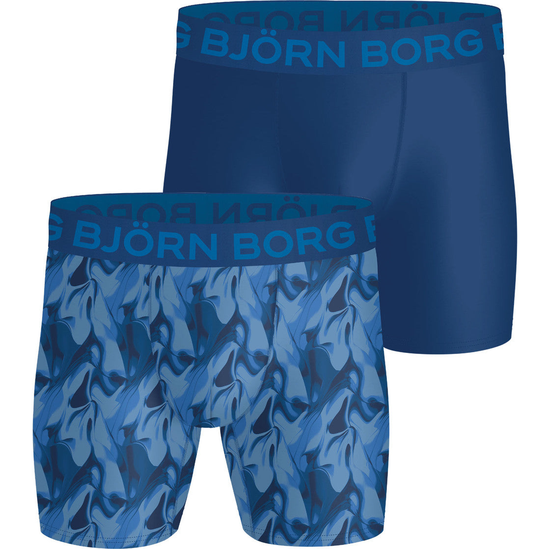 Twee Bjorn Borg Sports boxershorts in donkerblauw en blauw met bladprint