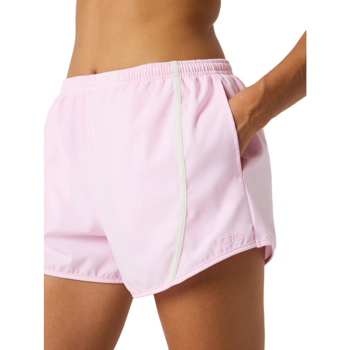 Zijaanzicht van de lichtroze Bjorn Borg Sports Shorts met contrasterende zijbies