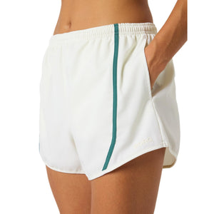 Zijaanzicht van de gebroken witte Bjorn Borg Sports Shorts, hand langs de zijnaad