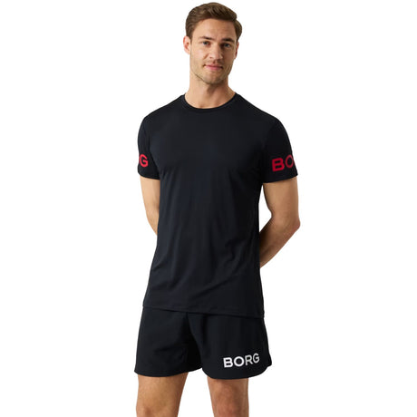 Bjorn Borg T-shirt voor heren in zwart met rode mouwprint, vooraanzicht