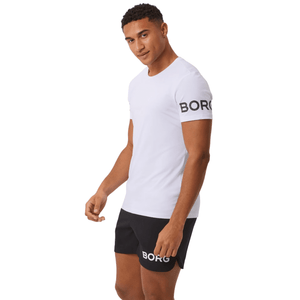 Bjorn Borg T-shirt voor heren in wit, gedragen vooraanzicht met BORG-print