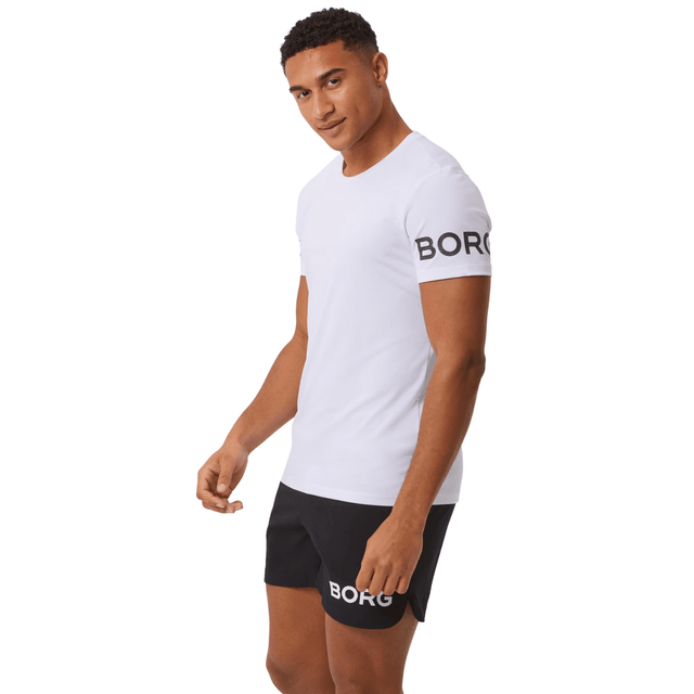 Bjorn Borg T-shirt voor heren in wit, gedragen vooraanzicht met BORG-print