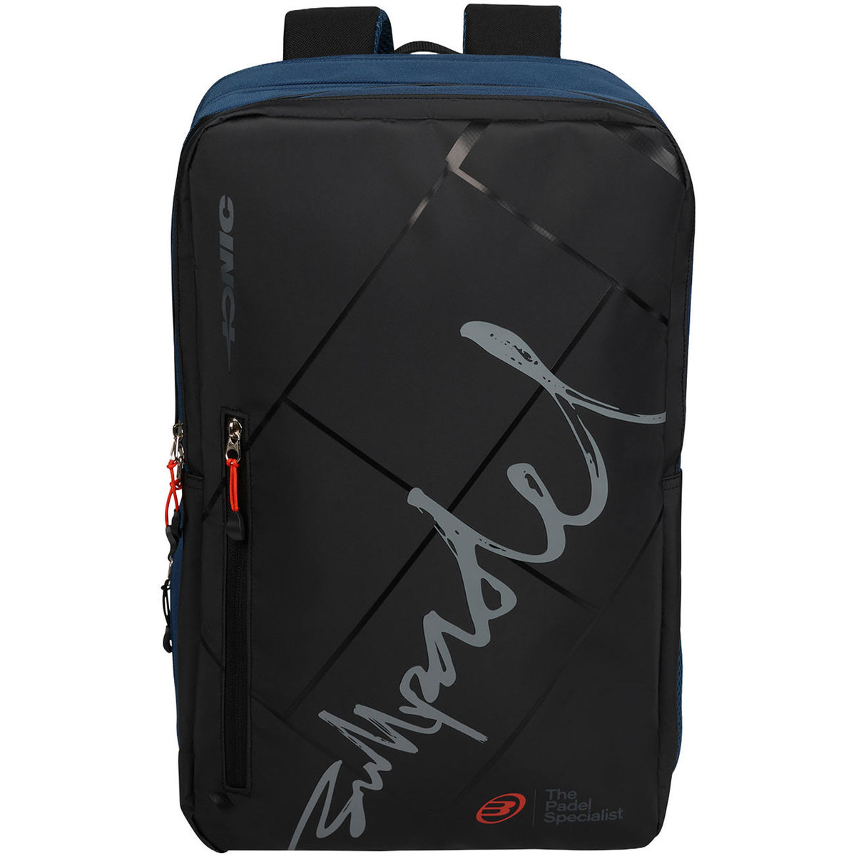 Vooraanzicht van de zwart-donkerblauwe Bullpadel Backpack Ionic 2026 met grijze print.