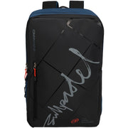 Vooraanzicht van de zwart-donkerblauwe Bullpadel Backpack Ionic 2026 met grijze print.