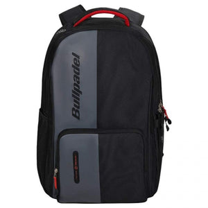 Vooraanzicht van de zwarte Bullpadel Backpack Neuron met grijs paneel en rode handgreep.