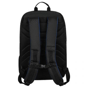 Achterzijde van de zwarte Bullpadel Vertex 2026 rugzak met blauwe stiksels op de banden.