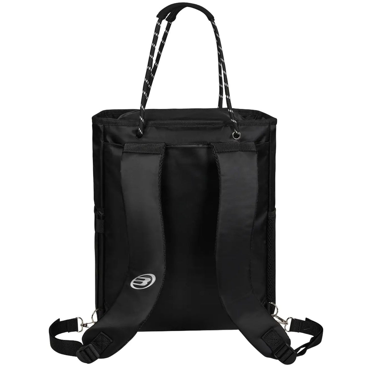 Achterzijde van de zwarte Bullpadel Backpack W 26 met rugpanelen en wit logo.